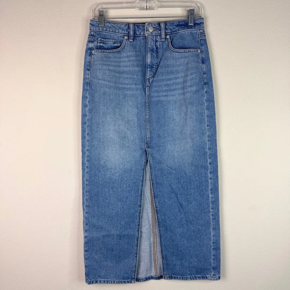 LOFT Denim Skirt Womens 0 Blue Maxi Front Slit High Rise 100% Cotton Mid Wash